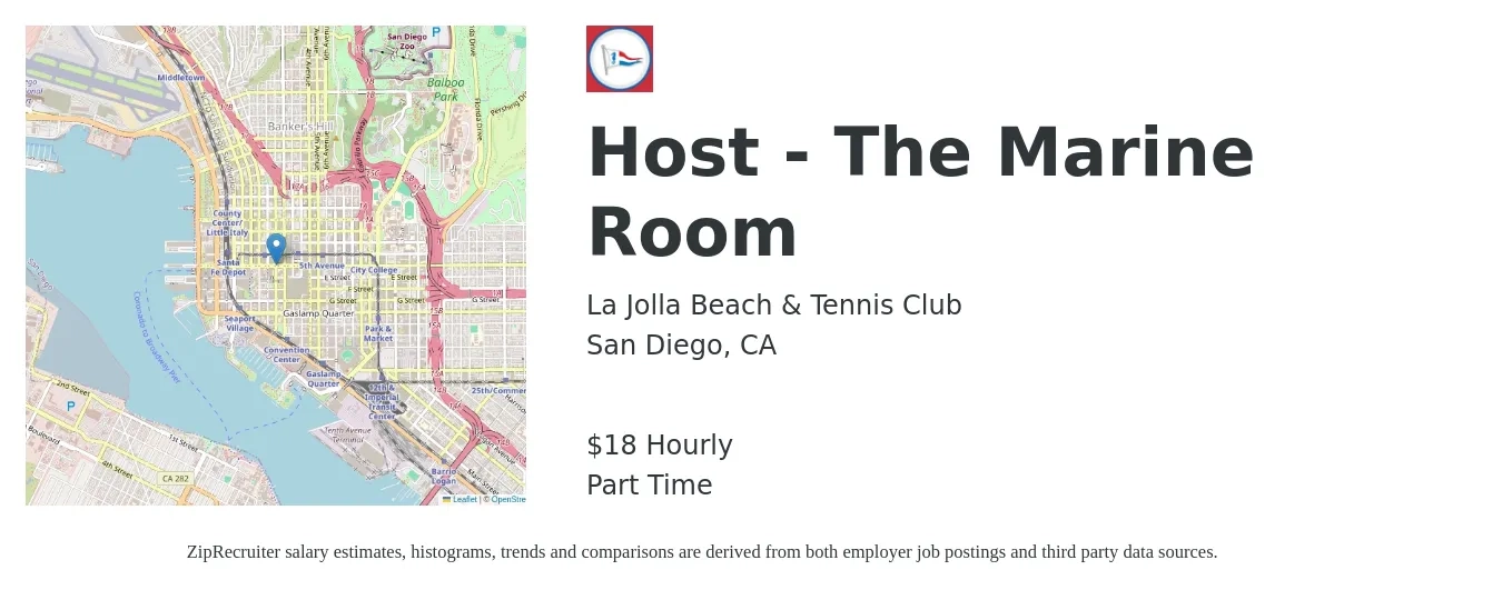La Jolla Beach & Tennis Club job posting for a Host - The Marine Room in San Diego, CA with a salary of $20 Hourly with a map of San Diego location.