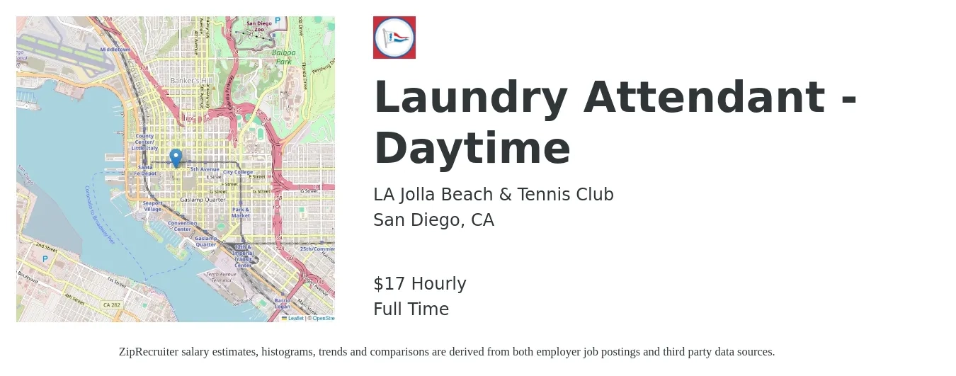 La Jolla Beach & Tennis Club job posting for a Laundry Attendant - Daytime in San Diego, CA with a salary of $18 Hourly with a map of San Diego location.