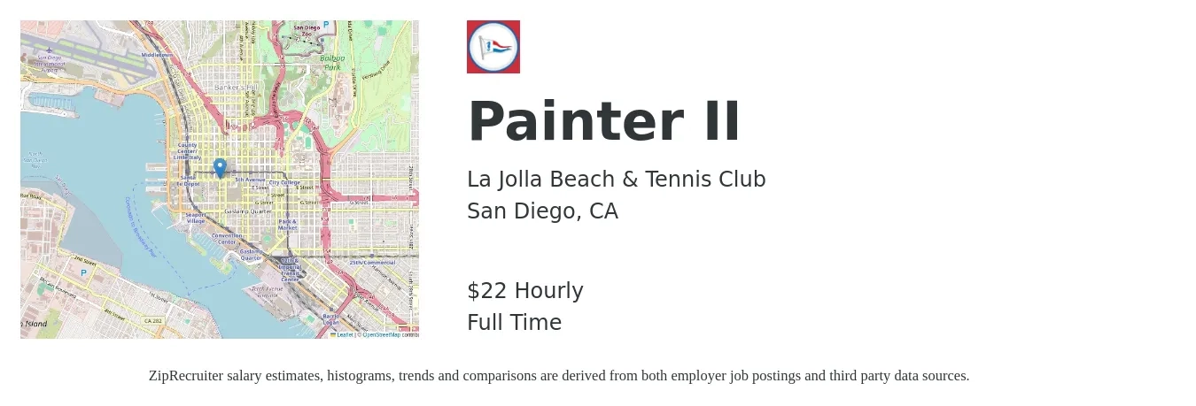 La Jolla Beach & Tennis Club job posting for a Painter II in San Diego, CA with a salary of $23 Hourly with a map of San Diego location.