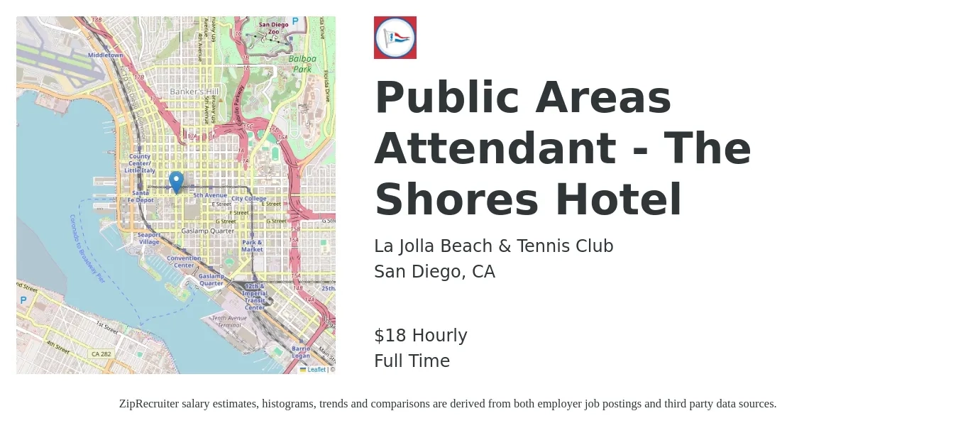 La Jolla Beach & Tennis Club job posting for a Public Areas Attendant - The Shores Hotel in San Diego, CA with a salary of $20 Hourly with a map of San Diego location.