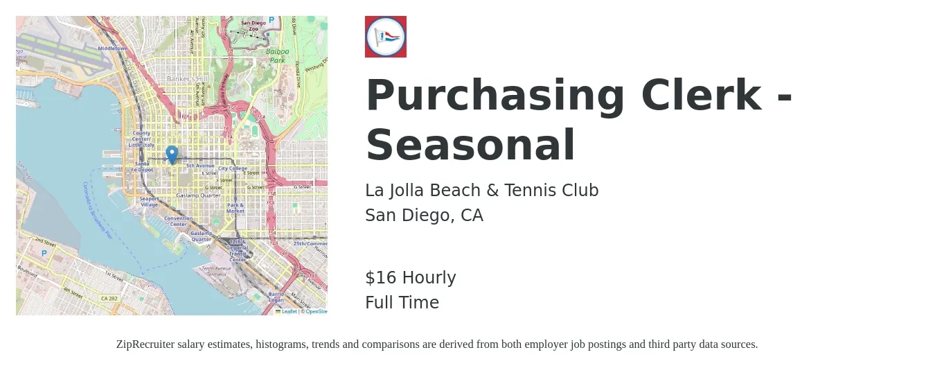 La Jolla Beach & Tennis Club job posting for a Purchasing Clerk - Seasonal in San Diego, CA with a salary of $17 Hourly with a map of San Diego location.