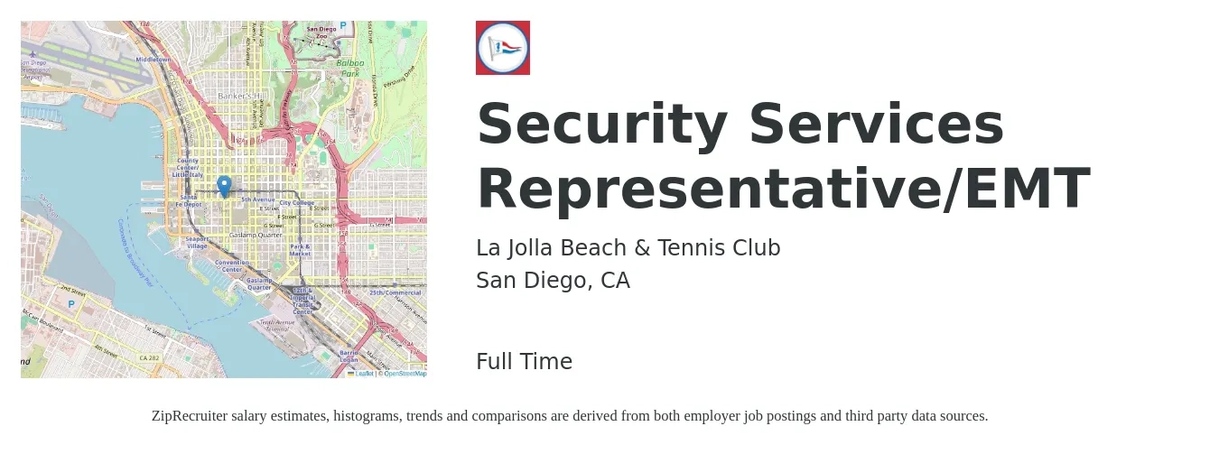 La Jolla Beach & Tennis Club job posting for a Security Services Representative/EMT in San Diego, CA with a salary of $21 Hourly with a map of San Diego location.