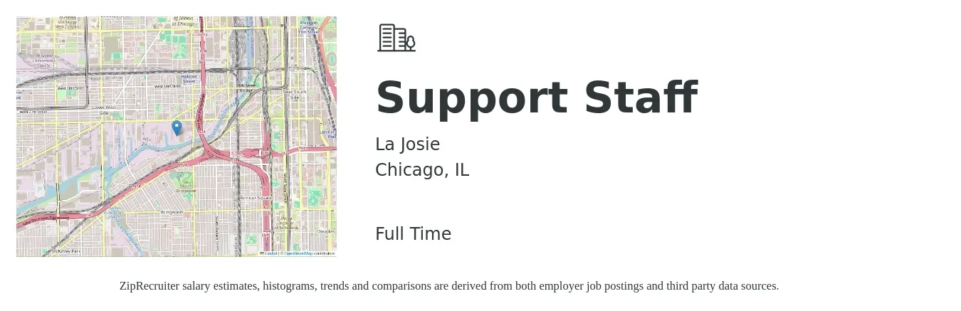 La Josie job posting for a Support Staff in Chicago, IL with a salary of $58,700 to $85,500 Yearly with a map of Chicago location.
