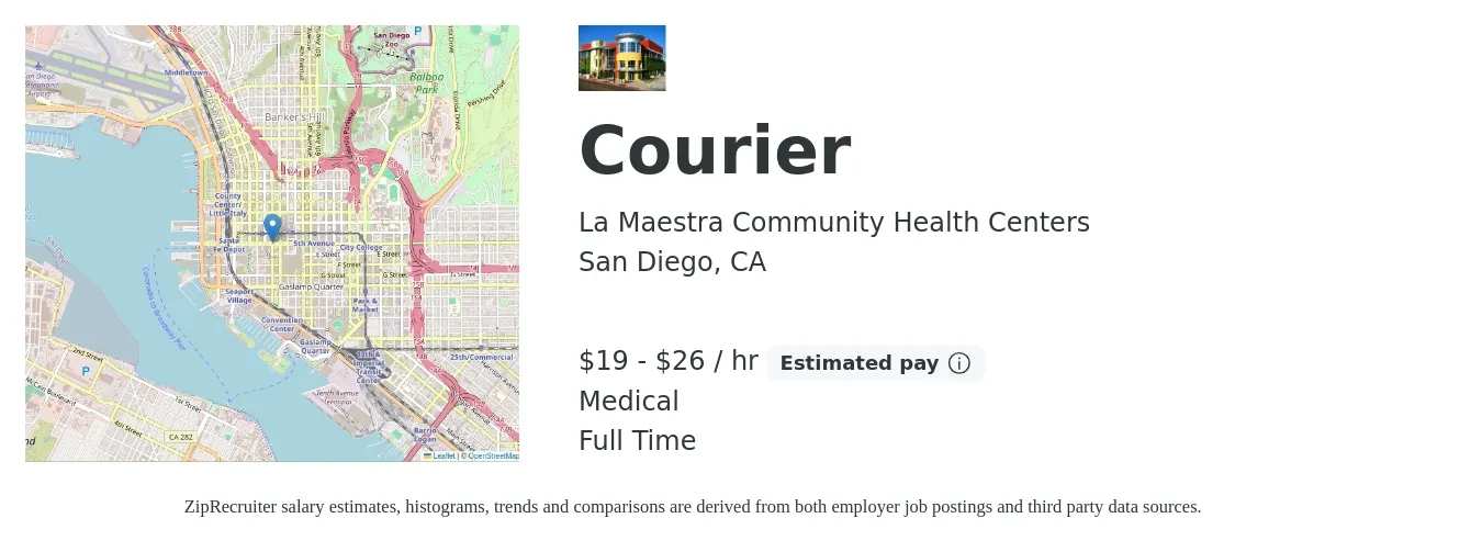 La Maestra Community Health Centers job posting for a Courier in San Diego, CA with a salary of $20 to $28 Hourly and benefits including life_insurance, medical, and retirement with a map of San Diego location.