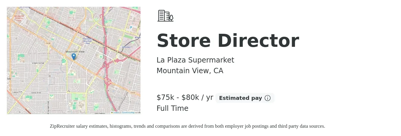La Plaza Supermarket job posting for a Store Director in Mountain View, CA with a salary of $75,000 to $80,000 Yearly with a map of Mountain View location.