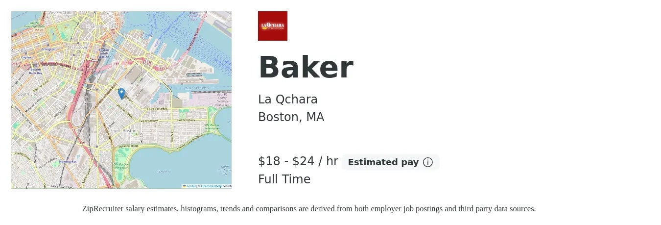 La Qchara job posting for a Baker in Boston, MA with a salary of $19 to $25 Hourly and benefits including pto with a map of Boston location.