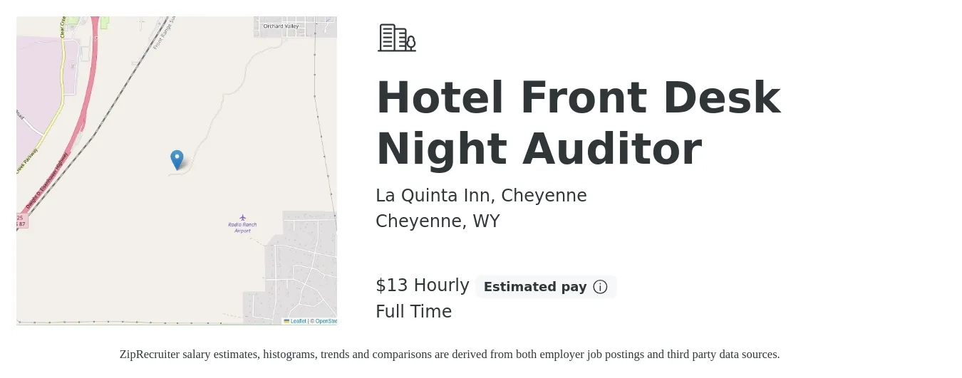 La Quinta Inn, Cheyenne job posting for a Hotel Front Desk Night Auditor in Cheyenne, WY with a salary of $14 to $19 Hourly with a map of Cheyenne location.