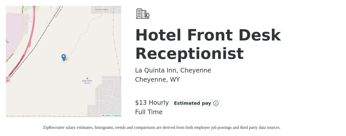La Quinta Inn, Cheyenne job posting for a Hotel Front Desk Receptionist in Cheyenne, WY with a salary of $14 Hourly with a map of Cheyenne location.