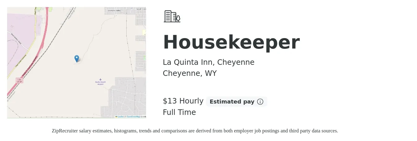 La Quinta Inn, Cheyenne job posting for a Housekeeper in Cheyenne, WY with a salary of $13 to $17 Hourly with a map of Cheyenne location.