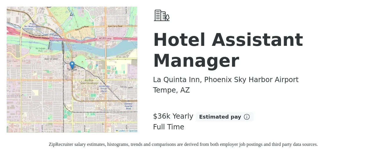 La Quinta Inn, Phoenix Sky Harbor Airport job posting for a Hotel Assistant Manager in Tempe, AZ with a salary of $36,000 Yearly with a map of Tempe location.