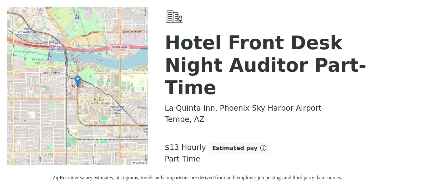 La Quinta Inn, Phoenix Sky Harbor Airport job posting for a Hotel Front Desk Night Auditor Part-Time in Tempe, AZ with a salary of $14 Hourly with a map of Tempe location.