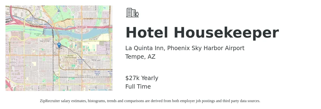 La Quinta Inn, Phoenix Sky Harbor Airport job posting for a Hotel Housekeeper in Tempe, AZ with a salary of $27,000 to $27,600 Yearly with a map of Tempe location.