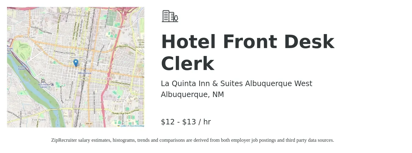 La Quinta Inn & Suites Albuquerque West job posting for a Hotel Front Desk Clerk in Albuquerque, NM with a salary of $13 to $14 Hourly with a map of Albuquerque location.