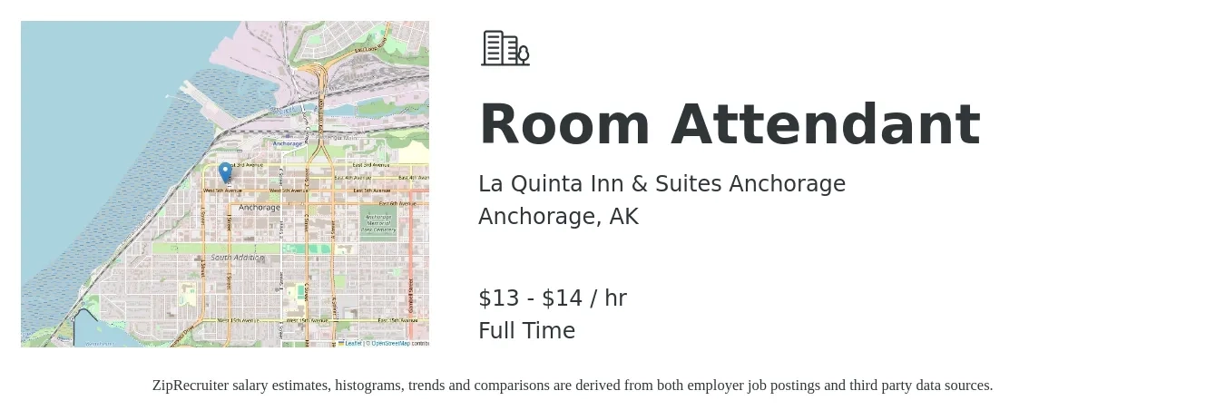 La Quinta Inn & Suites Anchorage job posting for a Room Attendant in Anchorage, AK with a salary of $14 to $16 Hourly with a map of Anchorage location.