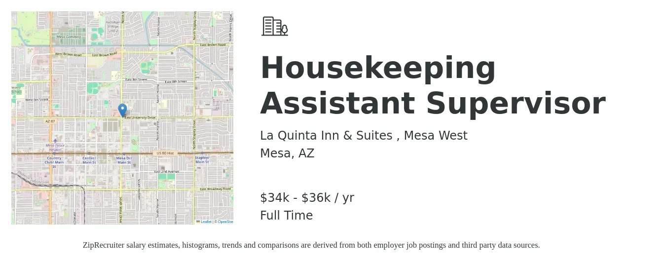 La Quinta Inn & Suites , Mesa West job posting for a Housekeeping Assistant Supervisor in Mesa, AZ with a salary of $34,000 to $36,500 Yearly with a map of Mesa location.
