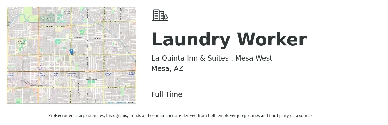 La Quinta Inn & Suites , Mesa West job posting for a Laundry Worker in Mesa, AZ with a salary of $16 to $20 Hourly with a map of Mesa location.
