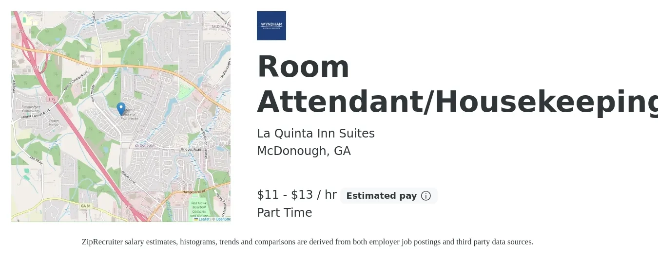 La Quinta Inn Suites job posting for a Room Attendant/Housekeeping in McDonough, GA with a salary of $12 to $14 Hourly with a map of McDonough location.