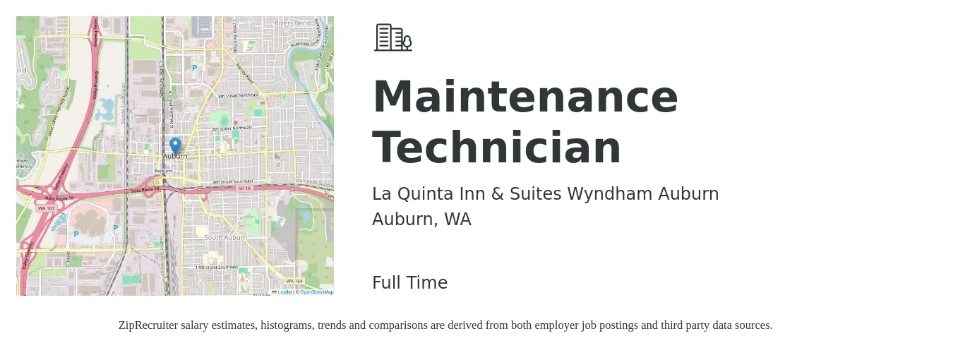 La Quinta Inn & Suites Wyndham Auburn job posting for a Maintenance Technician in Auburn, WA with a salary of $21 to $29 Hourly with a map of Auburn location.