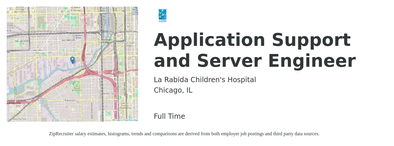 La Rabida Children's Hospital job posting for a Application Support and Server Engineer in Chicago, IL with a salary of $44 to $64 Hourly with a map of Chicago location.