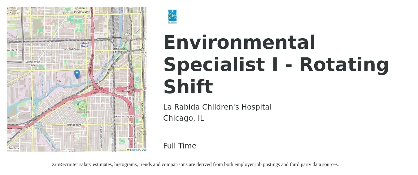 La Rabida Children's Hospital job posting for a Environmental Specialist I - Rotating Shift in Chicago, IL with a salary of $47,000 to $79,000 Yearly with a map of Chicago location.