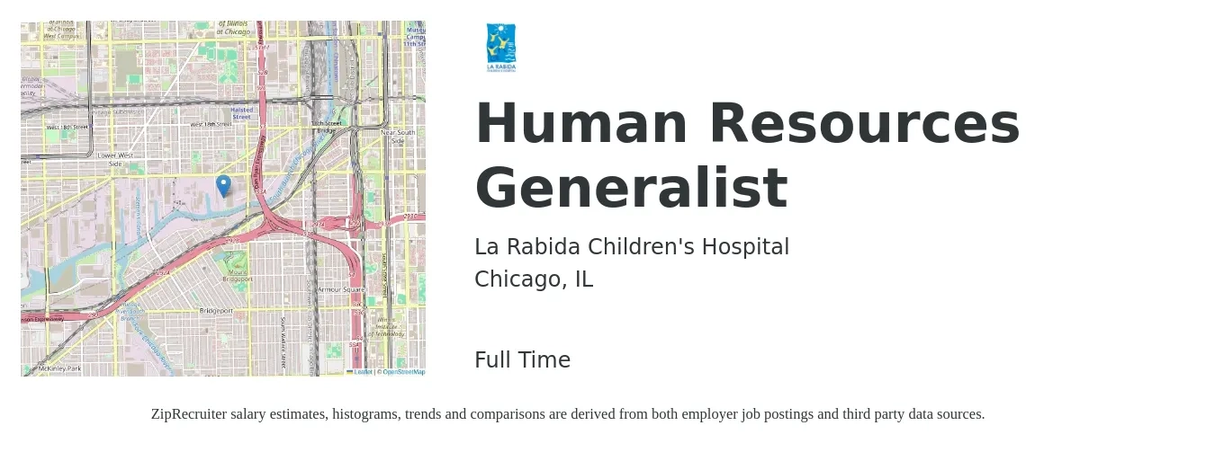 La Rabida Children's Hospital job posting for a Human Resources Generalist in Chicago, IL with a salary of $56,200 to $80,000 Yearly with a map of Chicago location.