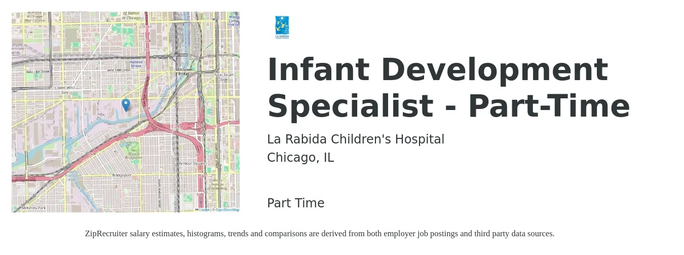 La Rabida Children's Hospital job posting for a Infant Development Specialist - Part-Time in Chicago, IL with a salary of $55,700 to $107,100 Yearly with a map of Chicago location.