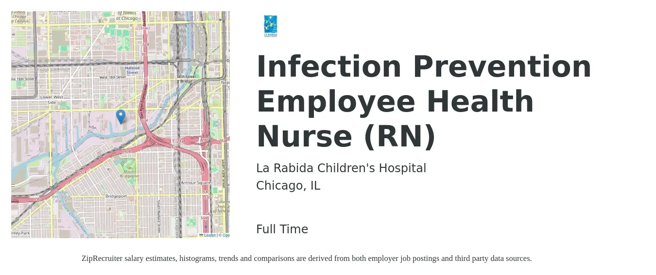 La Rabida Children's Hospital job posting for a Infection Prevention Employee Health Nurse (RN) in Chicago, IL with a salary of $80,600 to $107,600 Yearly with a map of Chicago location.