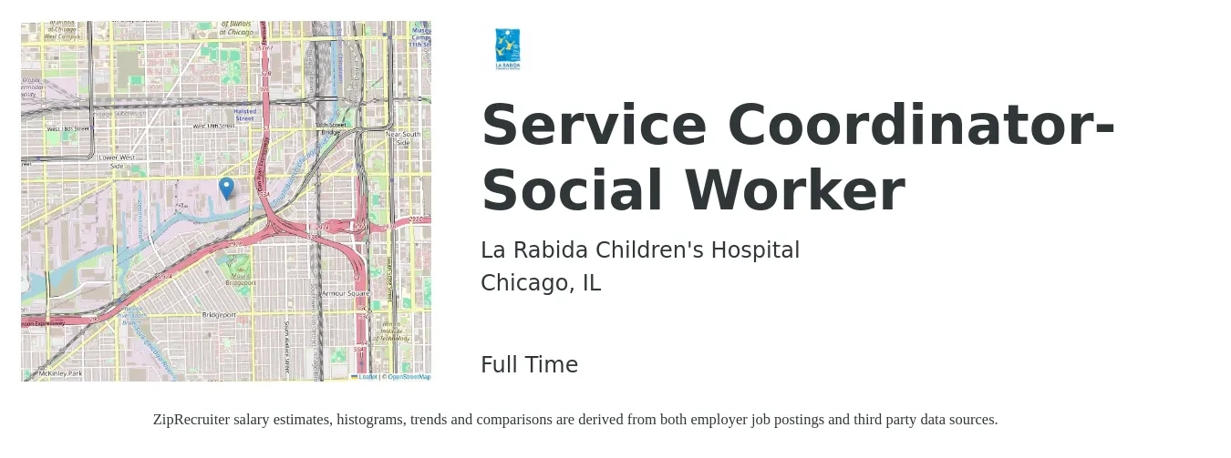 La Rabida Children's Hospital job posting for a Service Coordinator-Social Worker in Chicago, IL with a salary of $48,700 to $83,800 Yearly with a map of Chicago location.