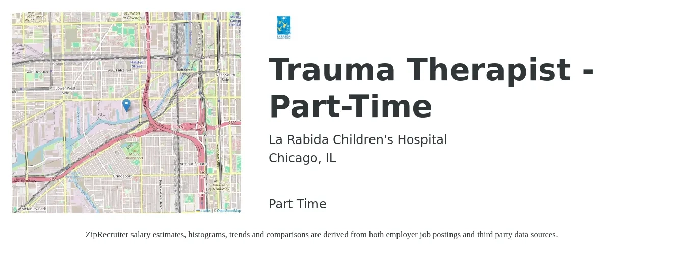 La Rabida Children's Hospital job posting for a Trauma Therapist - Part-Time in Chicago, IL with a salary of $55,600 to $77,300 Yearly with a map of Chicago location.