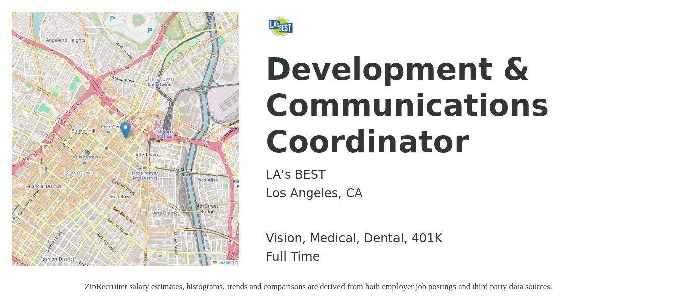 LA's BEST job posting for a Development & Communications Coordinator in Los Angeles, CA with a salary of $46,900 to $63,000 Yearly and benefits including 401k, dental, medical, and vision with a map of Los Angeles location.