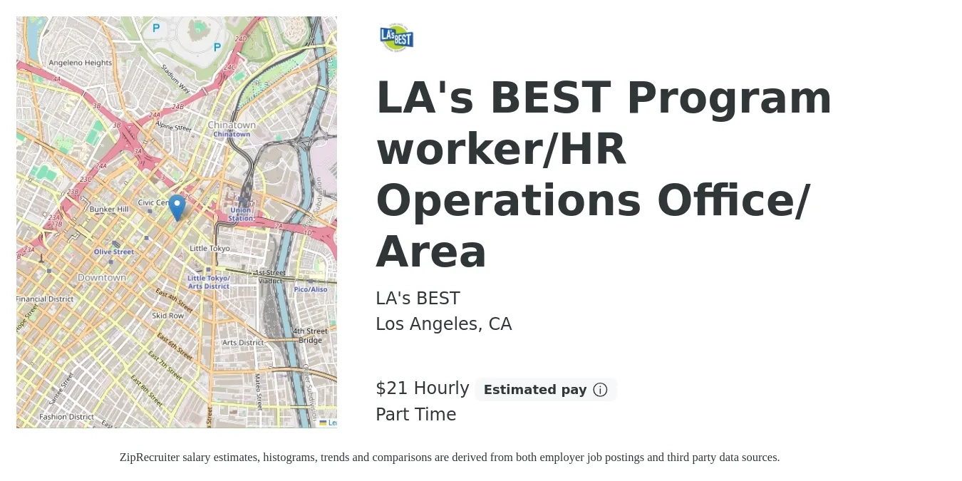 LA's BEST job posting for a LA's BEST Program worker/HR Operations Office/ Area in Los Angeles, CA with a salary of $23 Hourly with a map of Los Angeles location.