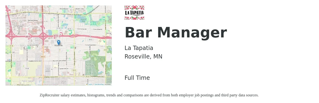 La Tapatia job posting for a Bar Manager in Roseville, MN with a salary of $40,600 to $71,800 Yearly and benefits including pto, and retirement with a map of Roseville location.