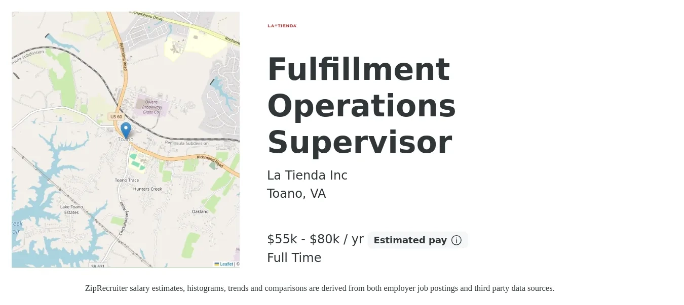 La Tienda Inc job posting for a Fulfillment Operations Supervisor in Toano, VA with a salary of $55,000 to $85,000 Yearly with a map of Toano location.