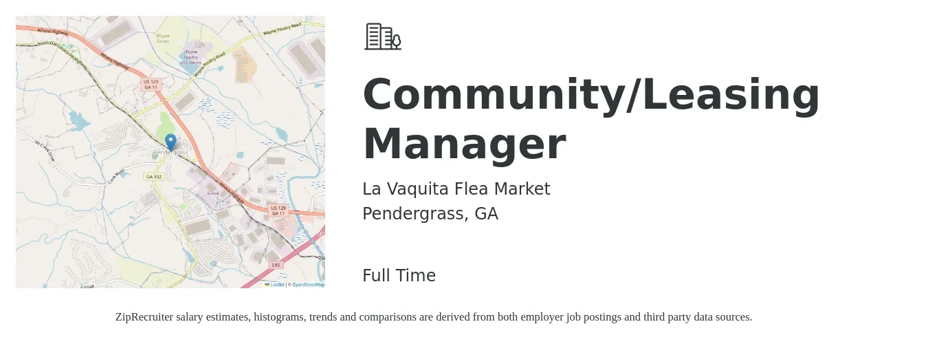 La Vaquita Flea Market job posting for a Community/Leasing Manager in Pendergrass, GA with a salary of $25 to $30 Hourly with a map of Pendergrass location.