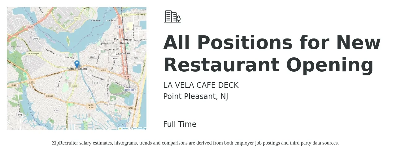 LA VELA CAFE DECK job posting for a All Positions for New Restaurant Opening in Point Pleasant, NJ with a salary of $11 to $17 Hourly with a map of Point Pleasant location.