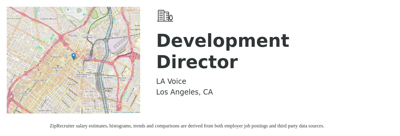 LA Voice job posting for a Development Director in Los Angeles, CA with a salary of $75,400 to $116,900 Yearly with a map of Los Angeles location.