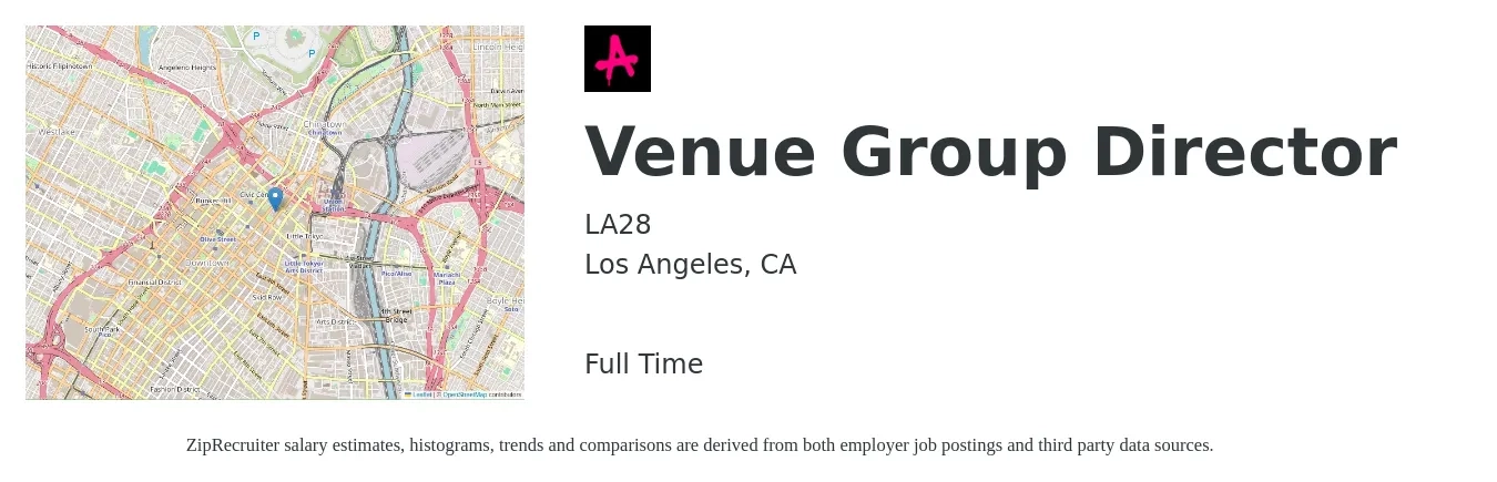 LA28 job posting for a Venue Group Director in Los Angeles, CA with a map of Los Angeles location.