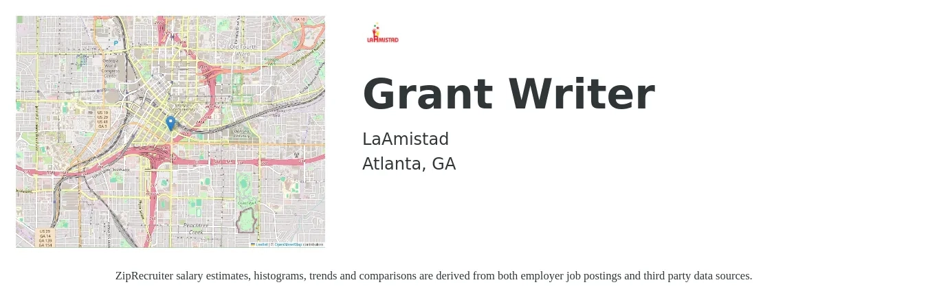 LaAmistad job posting for a Grant Writer in Atlanta, GA with a salary of $24 Hourly with a map of Atlanta location.