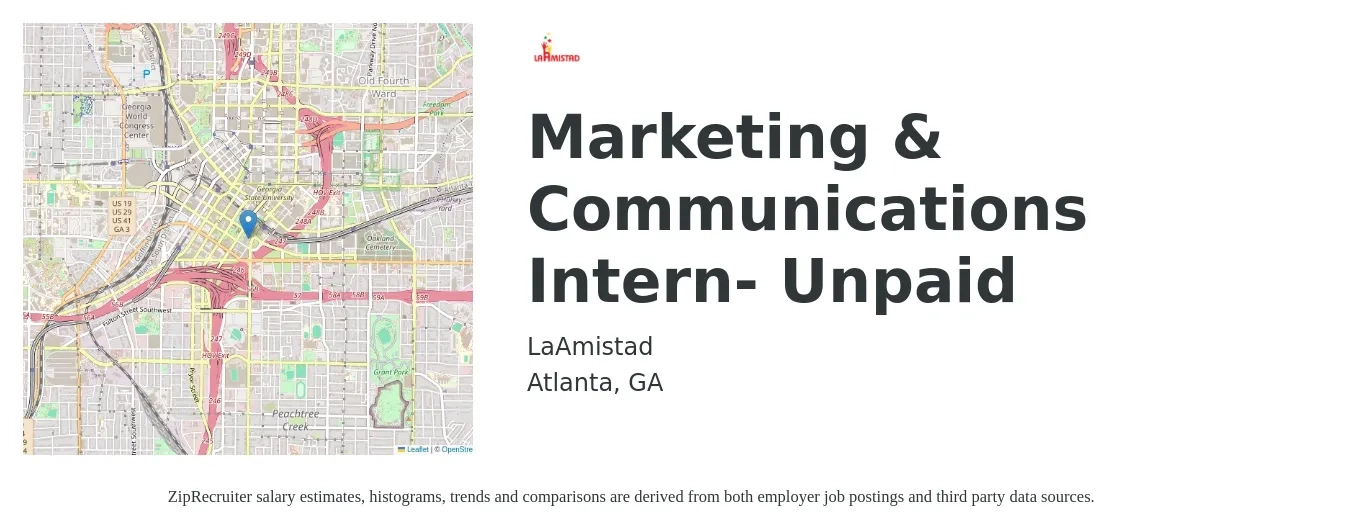 LaAmistad job posting for a Marketing & Communications Intern- Unpaid in Atlanta, GA with a salary of $15 to $20 Hourly with a map of Atlanta location.