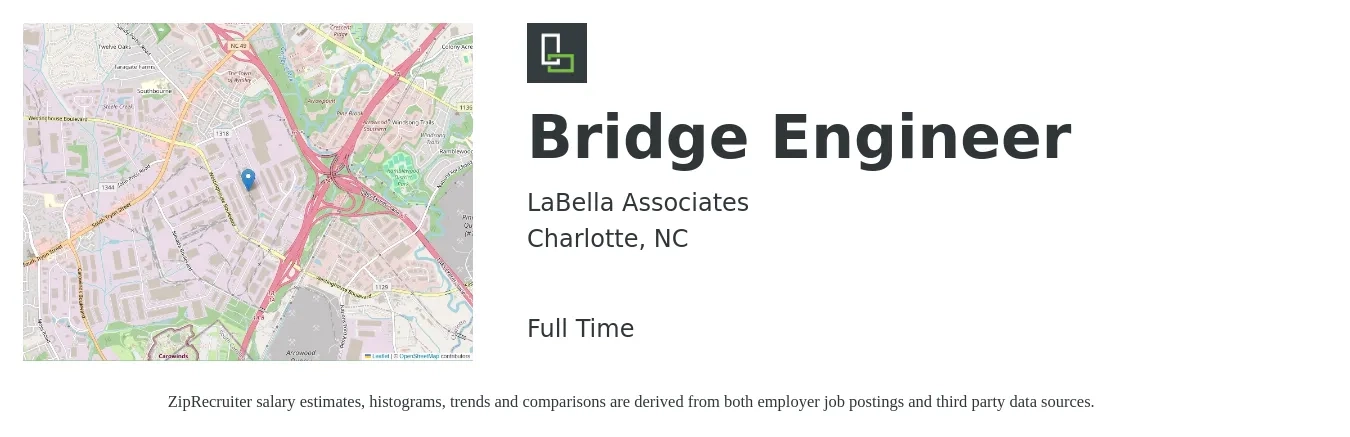 LaBella Associates job posting for a Bridge Engineer in Charlotte, NC with a salary of $90,300 to $114,800 Yearly with a map of Charlotte location.