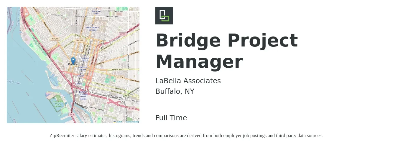 LaBella Associates job posting for a Bridge Project Manager in Buffalo, NY with a salary of $107,000 to $145,000 Yearly with a map of Buffalo location.