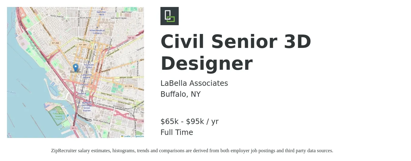 LaBella Associates job posting for a Civil Senior 3D Designer in Buffalo, NY with a salary of $65,000 to $95,000 Yearly with a map of Buffalo location.