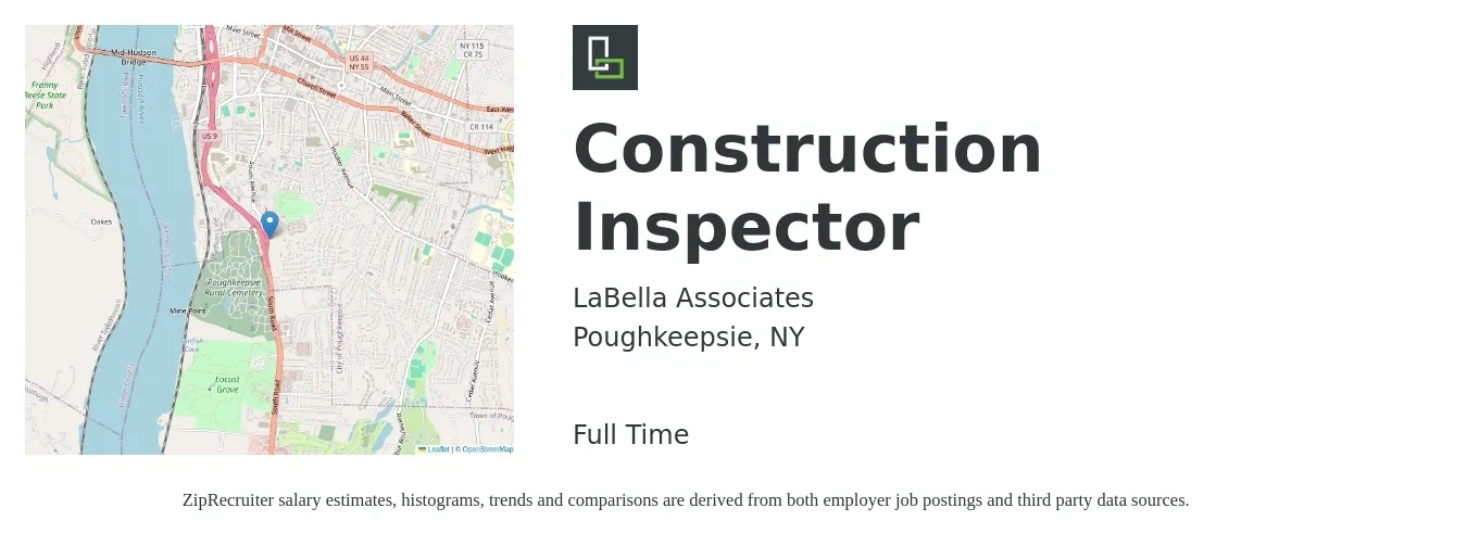 LaBella Associates job posting for a Construction Inspector in Poughkeepsie, NY with a salary of $27 to $37 Hourly with a map of Poughkeepsie location.