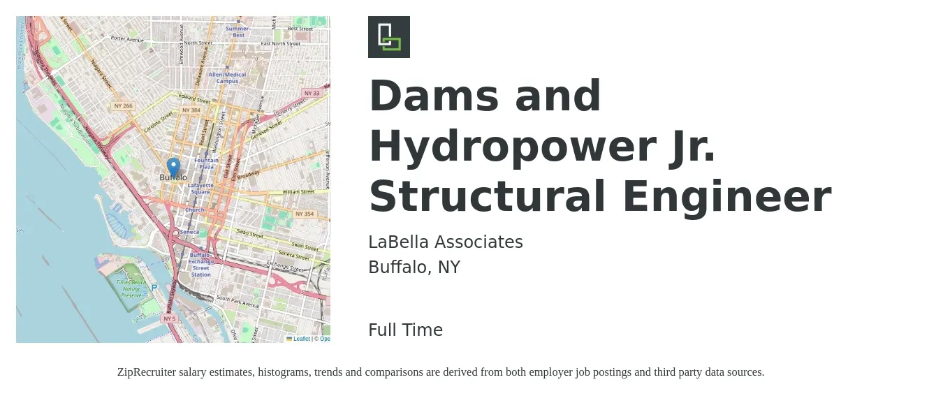 LaBella Associates job posting for a Dams and Hydropower Jr. Structural Engineer in Buffalo, NY with a salary of $55,000 to $65,000 Yearly with a map of Buffalo location.