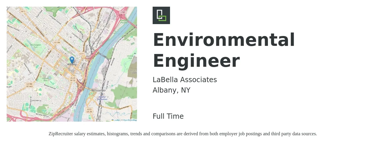 LaBella Associates job posting for a Environmental Engineer in Albany, NY with a salary of $75,000 to $98,000 Yearly with a map of Albany location.