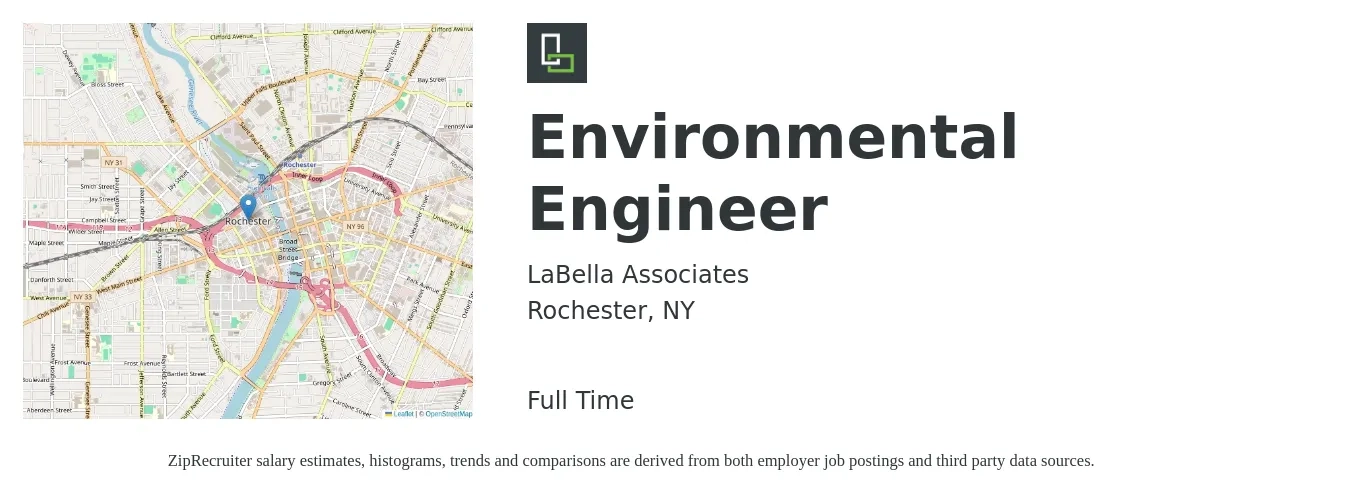 LaBella Associates job posting for a Environmental Engineer in Rochester, NY with a salary of $72,000 to $95,000 Yearly with a map of Rochester location.