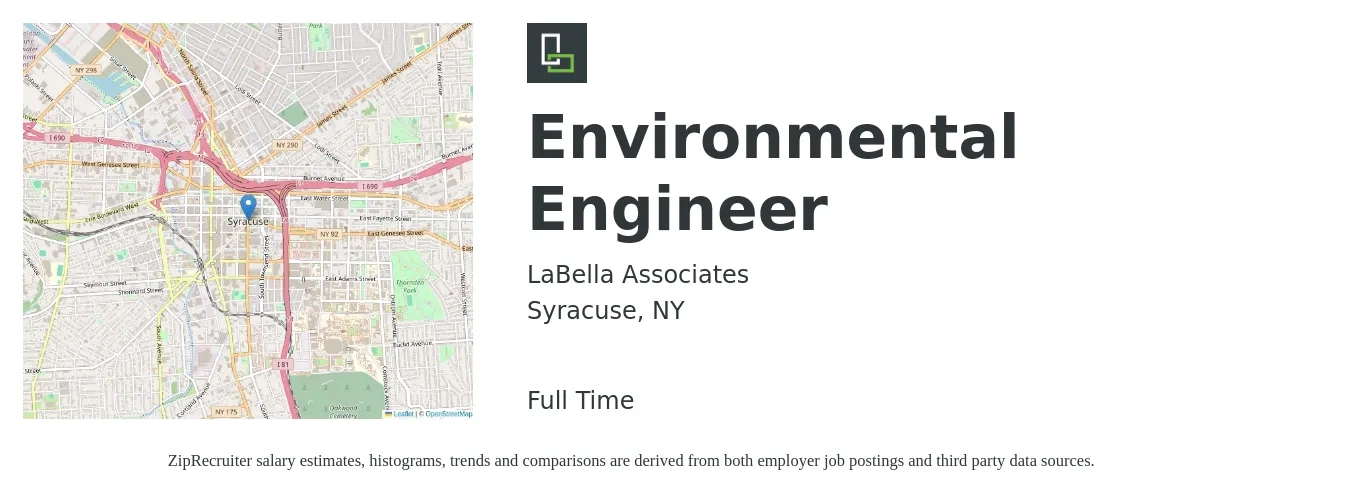 LaBella Associates job posting for a Environmental Engineer in Syracuse, NY with a salary of $72,000 to $95,000 Yearly with a map of Syracuse location.