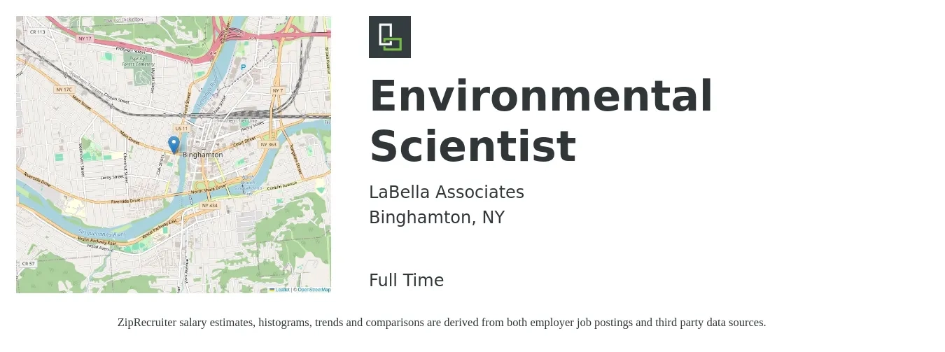 LaBella Associates job posting for a Environmental Scientist in Binghamton, NY with a salary of $45,000 to $65,000 Yearly with a map of Binghamton location.