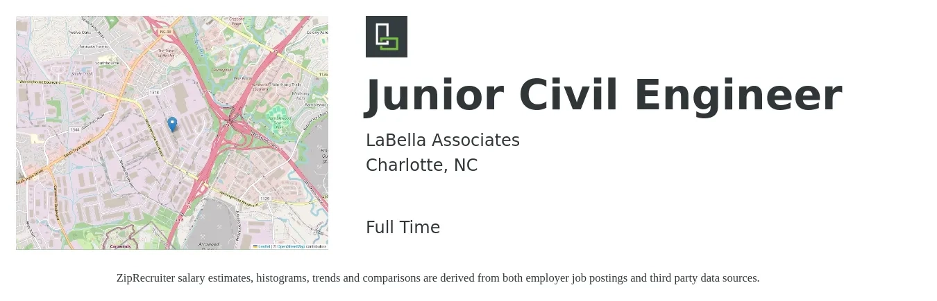 LaBella Associates job posting for a Junior Civil Engineer in Charlotte, NC with a salary of $47,400 to $78,100 Yearly with a map of Charlotte location.