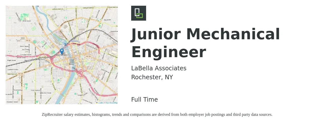 LaBella Associates job posting for a Junior Mechanical Engineer in Rochester, NY with a salary of $60,000 to $68,000 Yearly with a map of Rochester location.